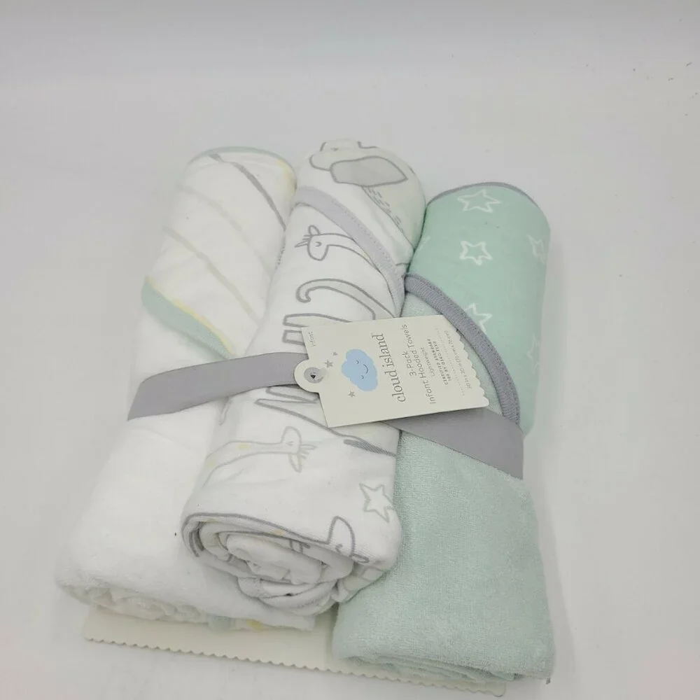 Infant Cloud Island Green/Gray 3-pack Hooded Towel Lightweight Baby Gift New